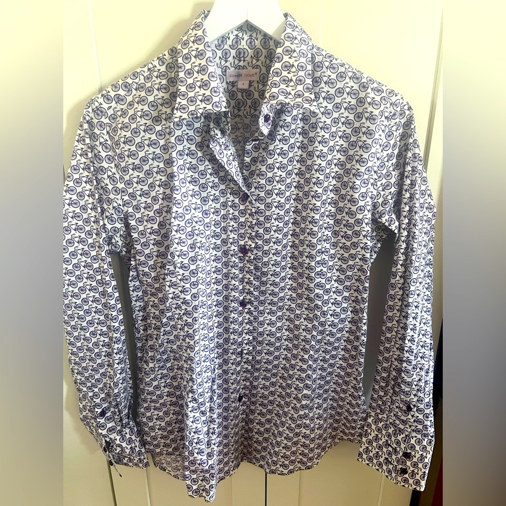 From Paris w/Love: Blue & White Bicycle Pattern Shirt by Coton Doux (Size 4)